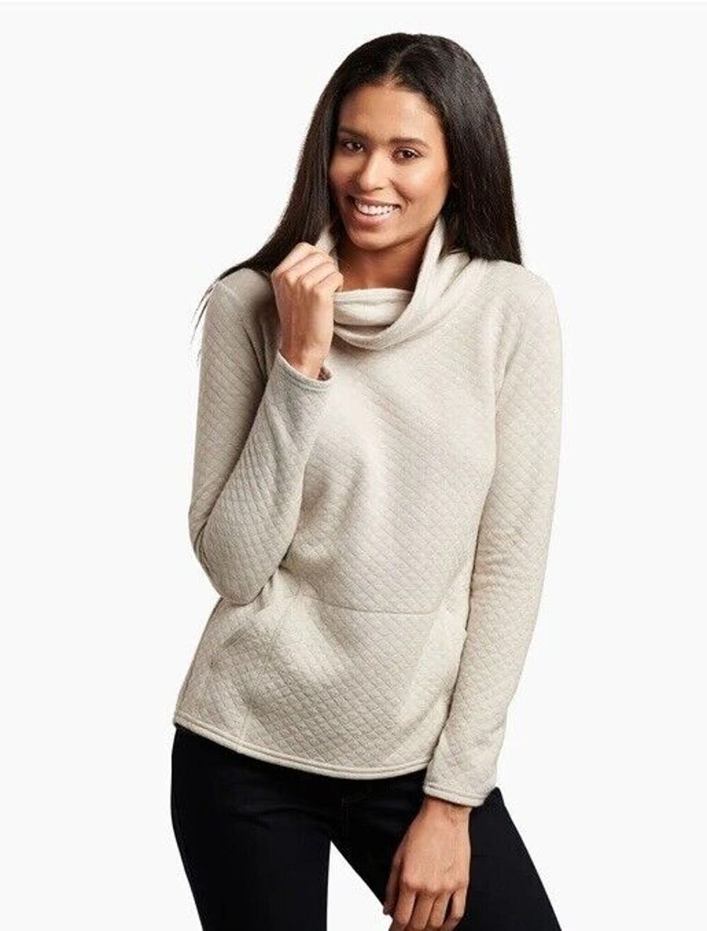 Kuhl Women's Small Athena Pullover Cowl Neck Quilted Kangaroo Pocket Dove Cream